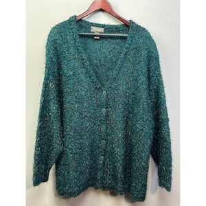 Lane Bryant Cardigan Women 26/28 Teal Gold Mohair Blend Metallic Shaggy Vintage